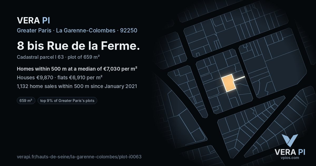 8 bis Rue de la Ferme, La Garenne-Colombes at night – the plot lit, the parcels around coloured by the prices near them
