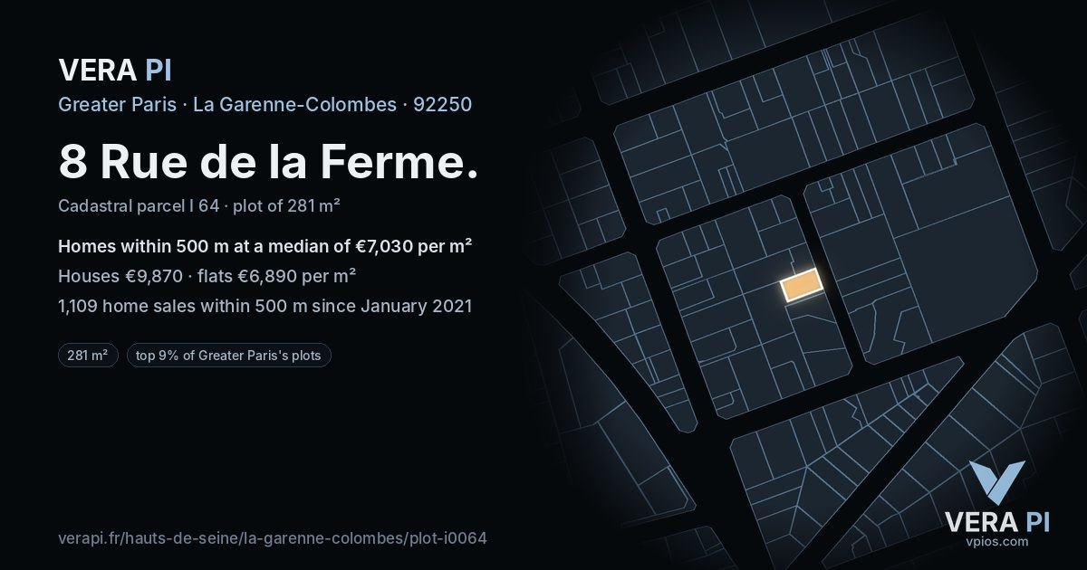 8 Rue de la Ferme, La Garenne-Colombes at night – the plot lit, the parcels around coloured by the prices near them