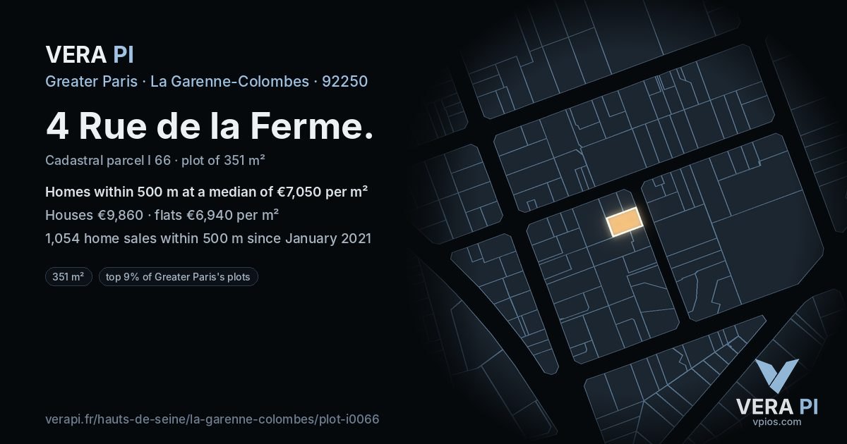 4 Rue de la Ferme, La Garenne-Colombes at night – the plot lit, the parcels around coloured by the prices near them