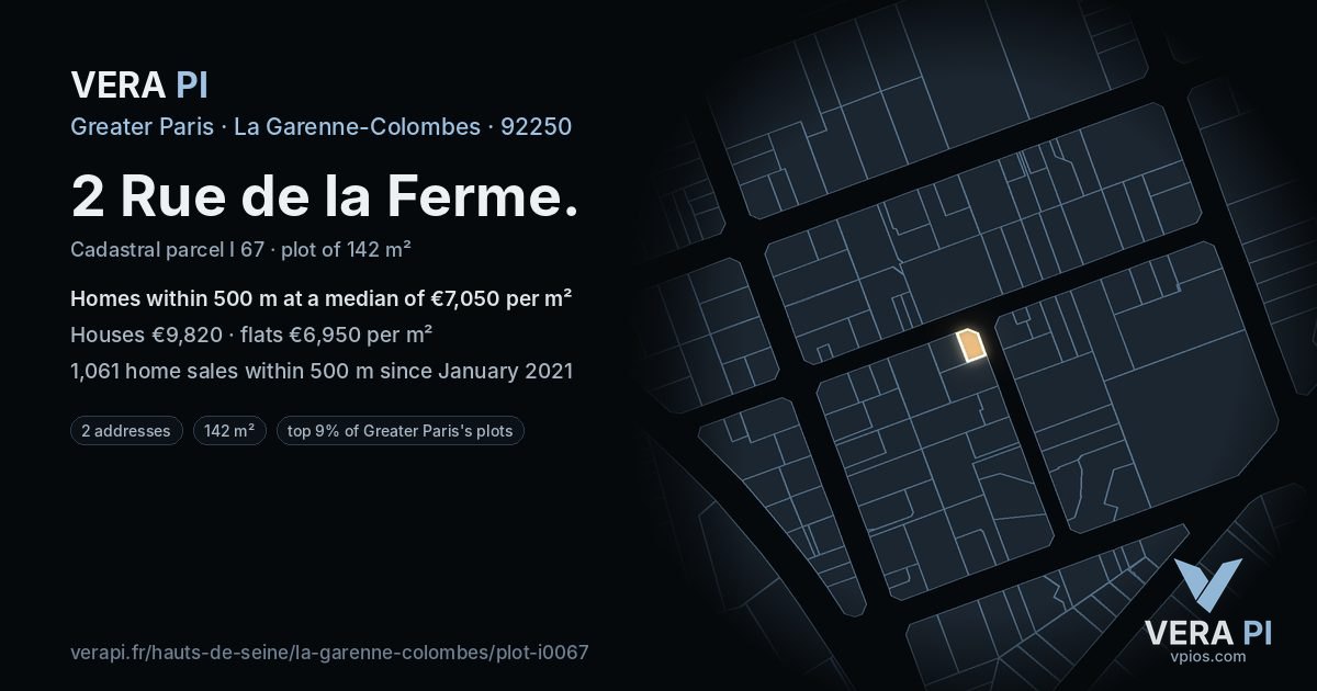 2 Rue de la Ferme, La Garenne-Colombes at night – the plot lit, the parcels around coloured by the prices near them