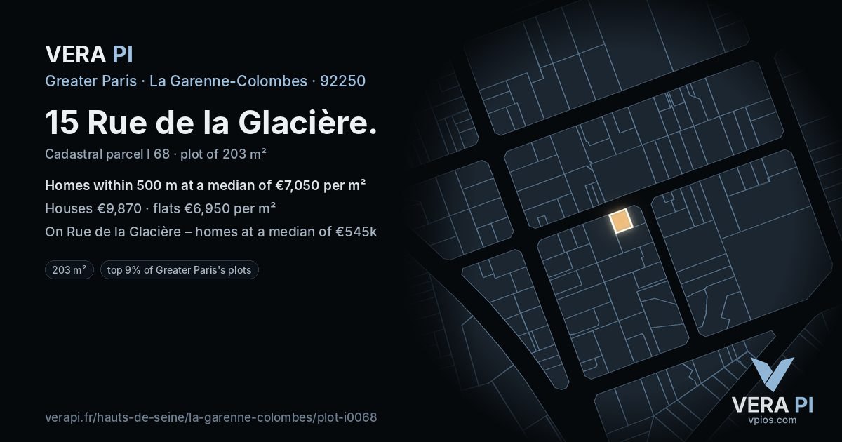 15 Rue de la Glacière, La Garenne-Colombes at night – the plot lit, the parcels around coloured by the prices near them