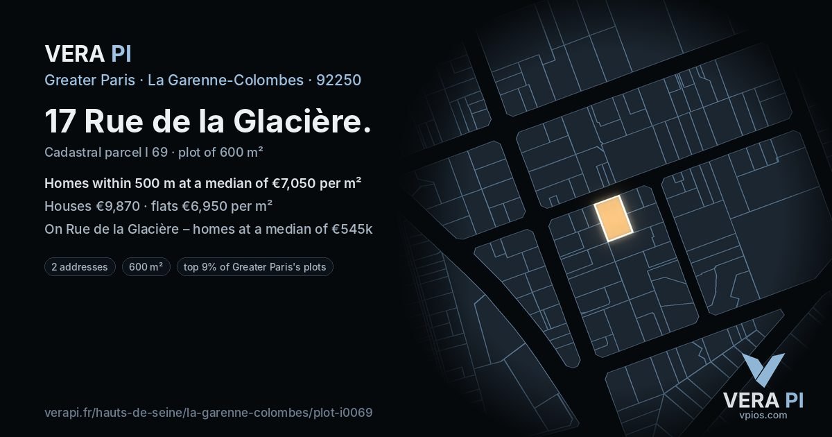 17 Rue de la Glacière, La Garenne-Colombes at night – the plot lit, the parcels around coloured by the prices near them