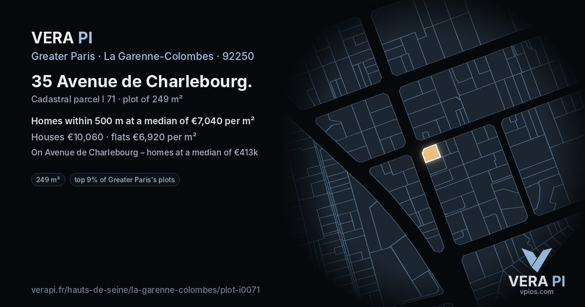 35 Avenue de Charlebourg, La Garenne-Colombes at night – the plot lit, the parcels around coloured by the prices near them