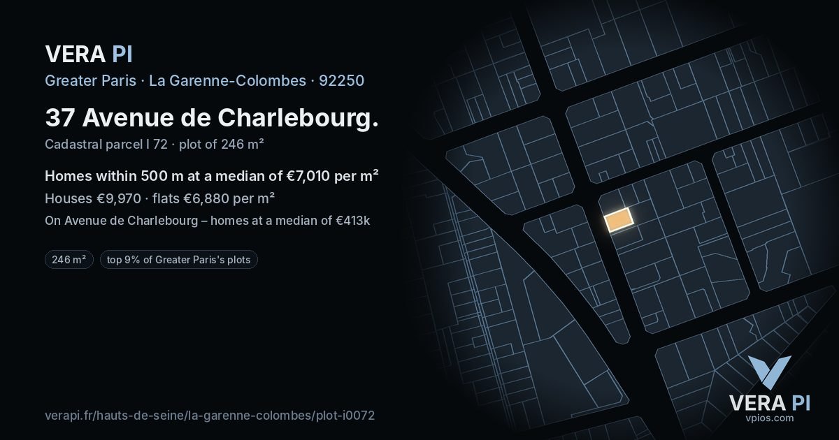 37 Avenue de Charlebourg, La Garenne-Colombes at night – the plot lit, the parcels around coloured by the prices near them