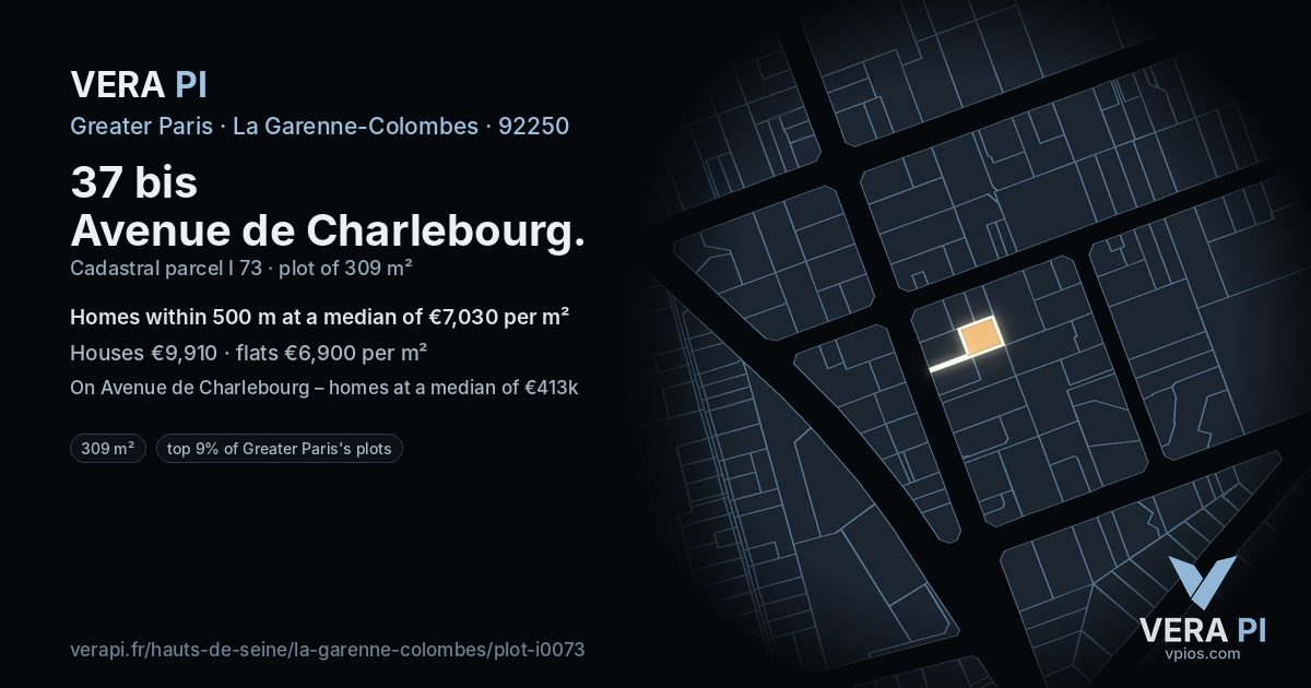 37 bis Avenue de Charlebourg, La Garenne-Colombes at night – the plot lit, the parcels around coloured by the prices near them