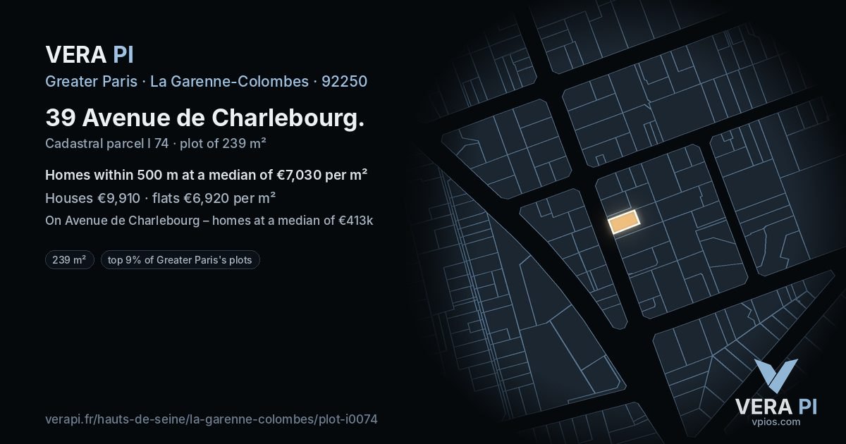 39 Avenue de Charlebourg, La Garenne-Colombes at night – the plot lit, the parcels around coloured by the prices near them