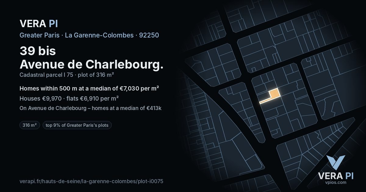 39 bis Avenue de Charlebourg, La Garenne-Colombes at night – the plot lit, the parcels around coloured by the prices near them