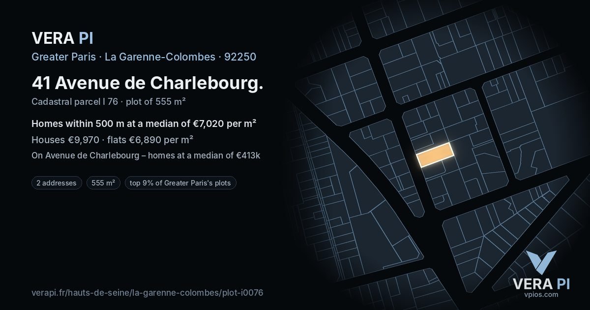 41 Avenue de Charlebourg, La Garenne-Colombes at night – the plot lit, the parcels around coloured by the prices near them