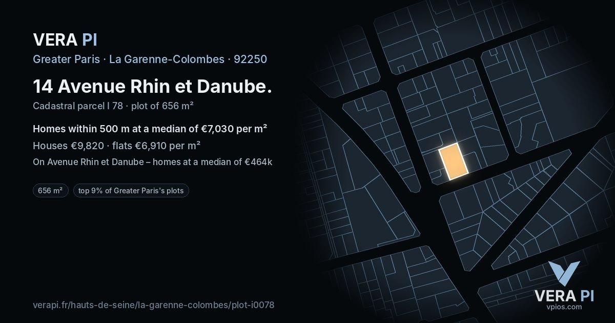 14 Avenue Rhin et Danube, La Garenne-Colombes at night – the plot lit, the parcels around coloured by the prices near them