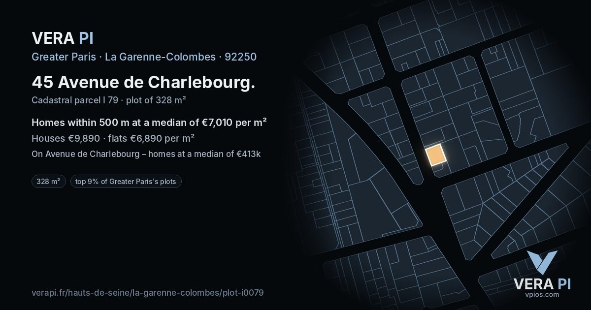 45 Avenue de Charlebourg, La Garenne-Colombes at night – the plot lit, the parcels around coloured by the prices near them