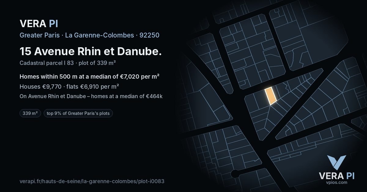 15 Avenue Rhin et Danube, La Garenne-Colombes at night – the plot lit, the parcels around coloured by the prices near them