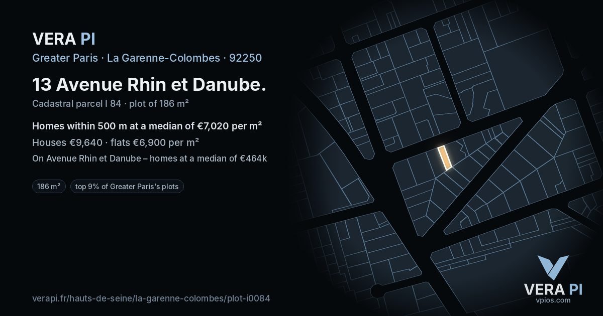 13 Avenue Rhin et Danube, La Garenne-Colombes at night – the plot lit, the parcels around coloured by the prices near them