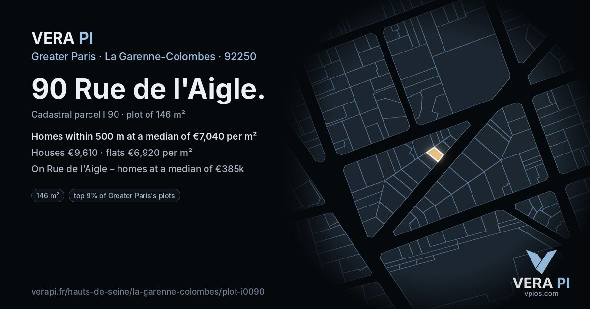 90 Rue de l'Aigle, La Garenne-Colombes at night – the plot lit, the parcels around coloured by the prices near them