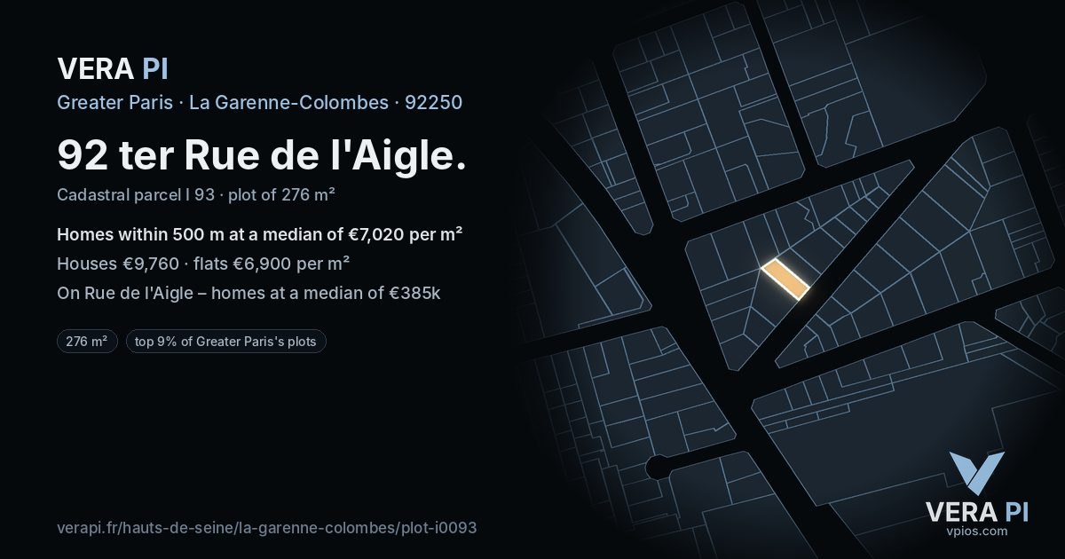 92 ter Rue de l'Aigle, La Garenne-Colombes at night – the plot lit, the parcels around coloured by the prices near them