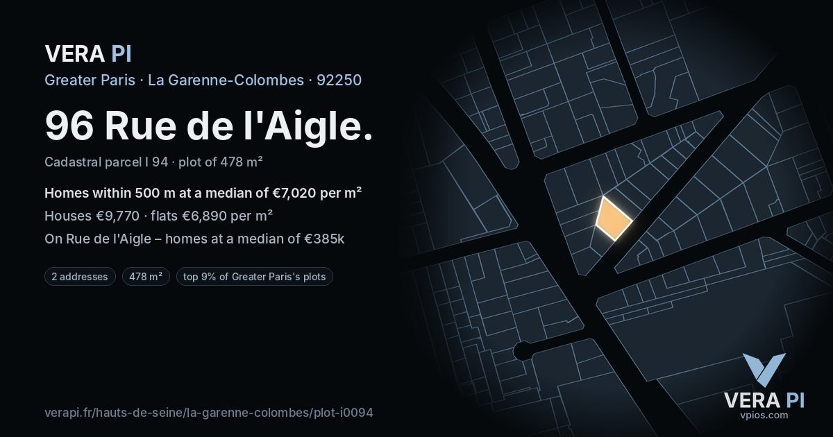 96 Rue de l'Aigle, La Garenne-Colombes at night – the plot lit, the parcels around coloured by the prices near them