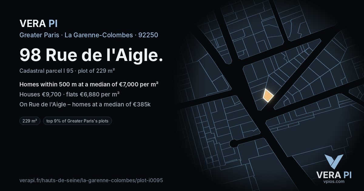98 Rue de l'Aigle, La Garenne-Colombes at night – the plot lit, the parcels around coloured by the prices near them