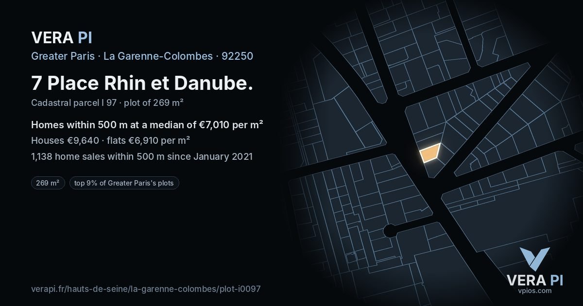7 Place Rhin et Danube, La Garenne-Colombes at night – the plot lit, the parcels around coloured by the prices near them
