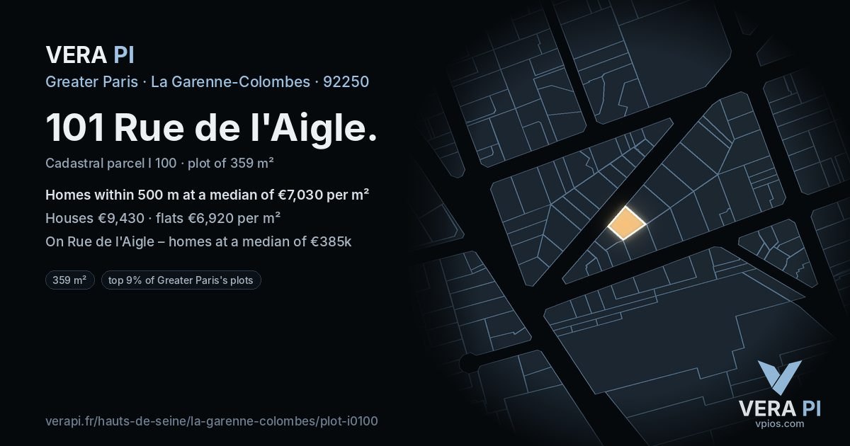 101 Rue de l'Aigle, La Garenne-Colombes at night – the plot lit, the parcels around coloured by the prices near them
