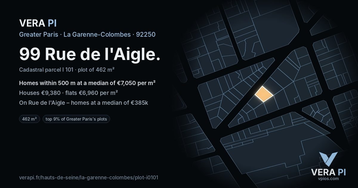 99 Rue de l'Aigle, La Garenne-Colombes at night – the plot lit, the parcels around coloured by the prices near them