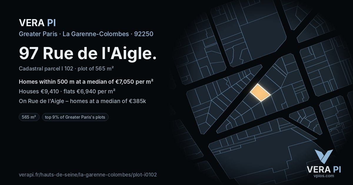 97 Rue de l'Aigle, La Garenne-Colombes at night – the plot lit, the parcels around coloured by the prices near them