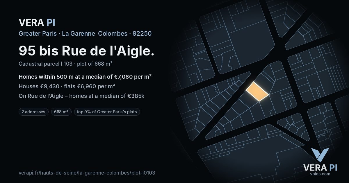95 bis Rue de l'Aigle, La Garenne-Colombes at night – the plot lit, the parcels around coloured by the prices near them