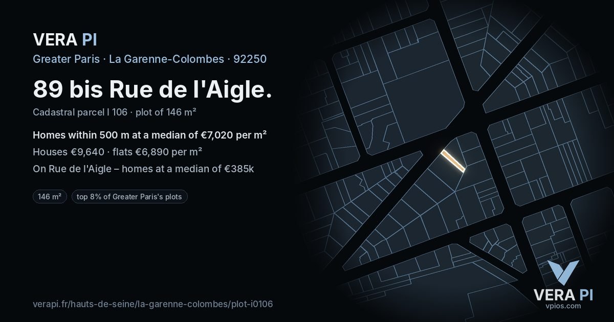 89 bis Rue de l'Aigle, La Garenne-Colombes at night – the plot lit, the parcels around coloured by the prices near them