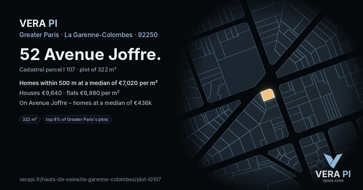 52 Avenue Joffre, La Garenne-Colombes at night – the plot lit, the parcels around coloured by the prices near them