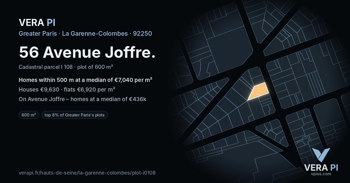 56 Avenue Joffre, La Garenne-Colombes at night – the plot lit, the parcels around coloured by the prices near them