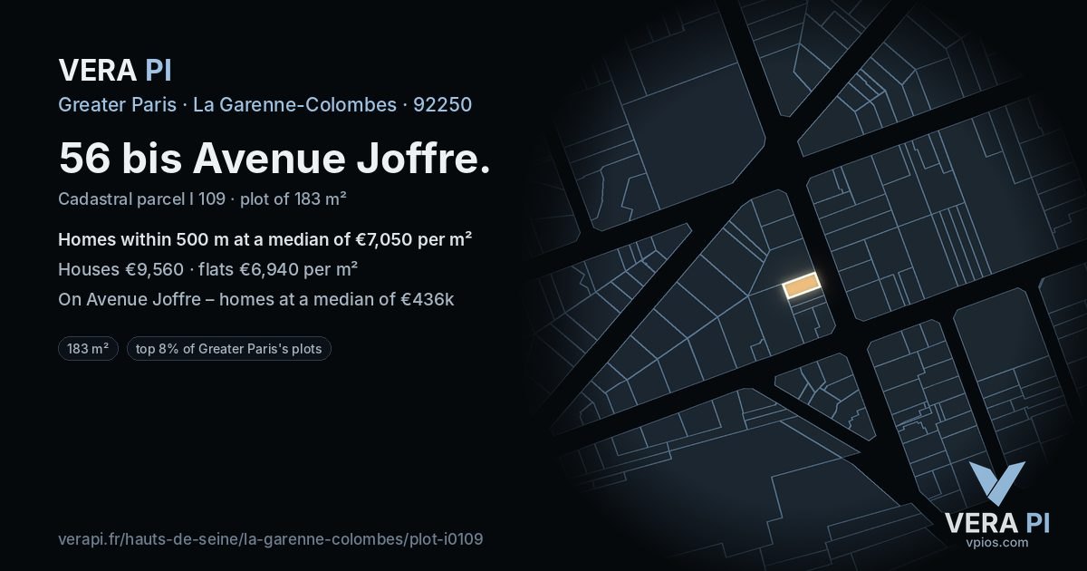 56 bis Avenue Joffre, La Garenne-Colombes at night – the plot lit, the parcels around coloured by the prices near them