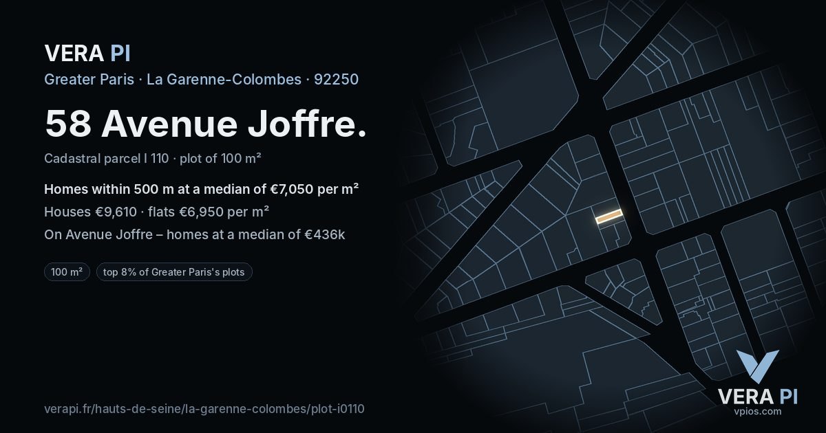 58 Avenue Joffre, La Garenne-Colombes at night – the plot lit, the parcels around coloured by the prices near them