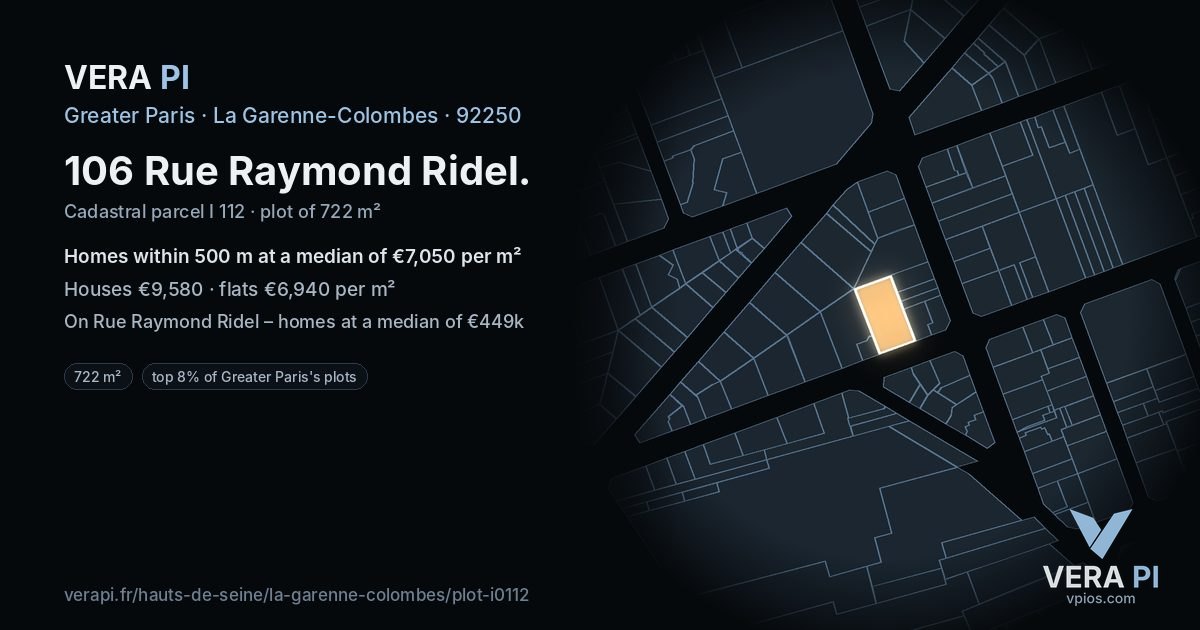106 Rue Raymond Ridel, La Garenne-Colombes at night – the plot lit, the parcels around coloured by the prices near them