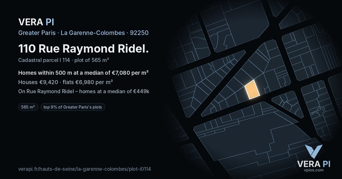 110 Rue Raymond Ridel, La Garenne-Colombes at night – the plot lit, the parcels around coloured by the prices near them