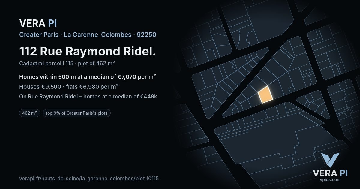 112 Rue Raymond Ridel, La Garenne-Colombes at night – the plot lit, the parcels around coloured by the prices near them