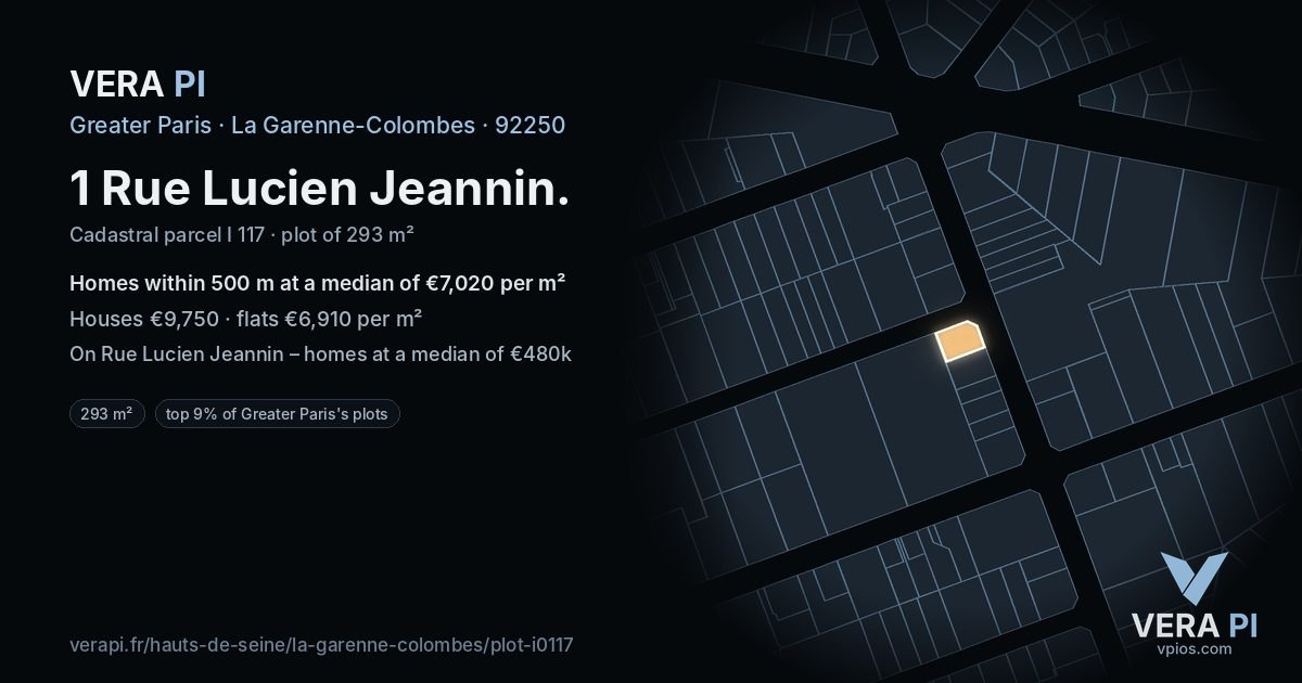 1 Rue Lucien Jeannin, La Garenne-Colombes at night – the plot lit, the parcels around coloured by the prices near them