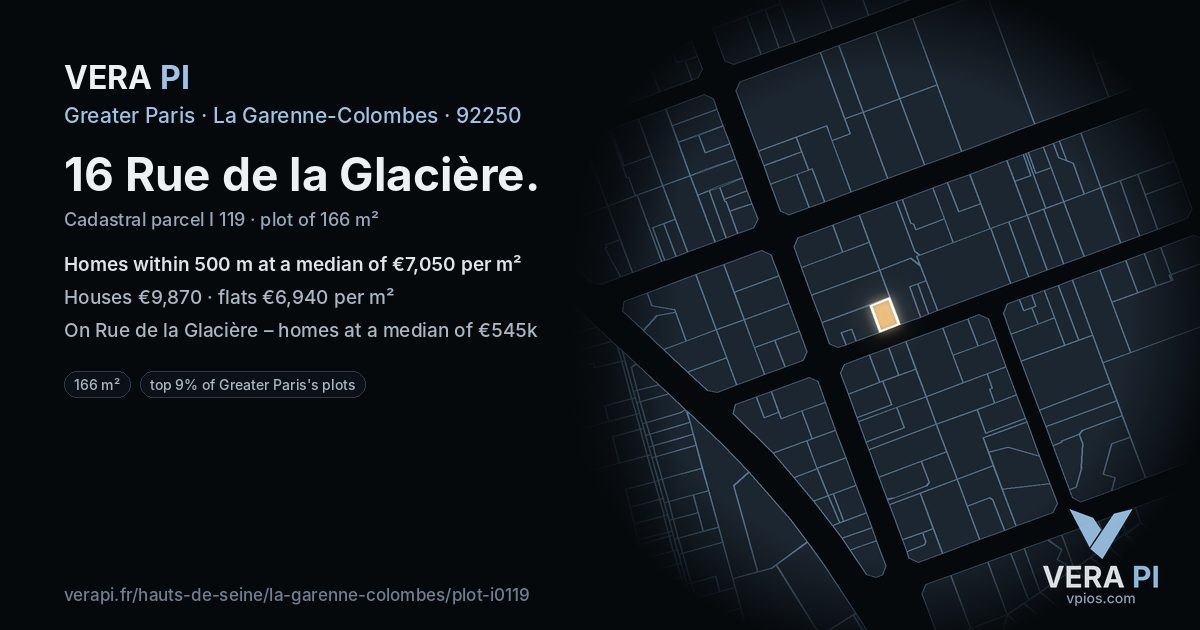 16 Rue de la Glacière, La Garenne-Colombes at night – the plot lit, the parcels around coloured by the prices near them