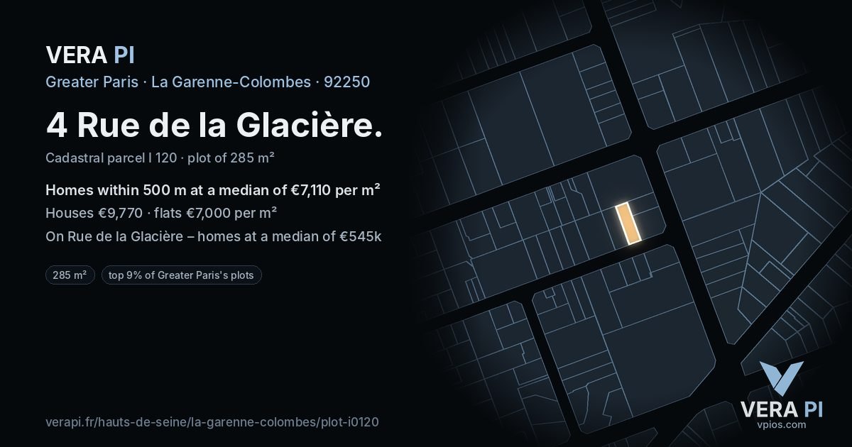 4 Rue de la Glacière, La Garenne-Colombes at night – the plot lit, the parcels around coloured by the prices near them