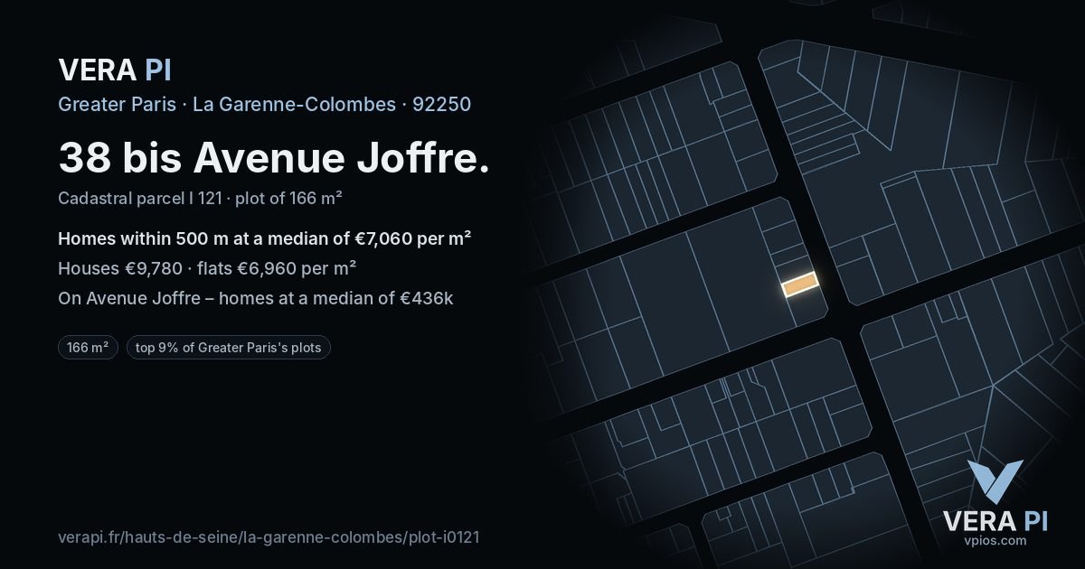 38 bis Avenue Joffre, La Garenne-Colombes at night – the plot lit, the parcels around coloured by the prices near them