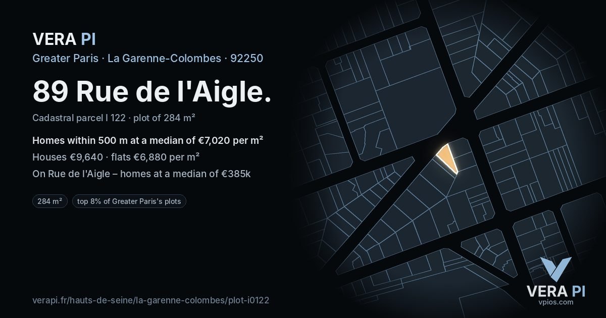 89 Rue de l'Aigle, La Garenne-Colombes at night – the plot lit, the parcels around coloured by the prices near them