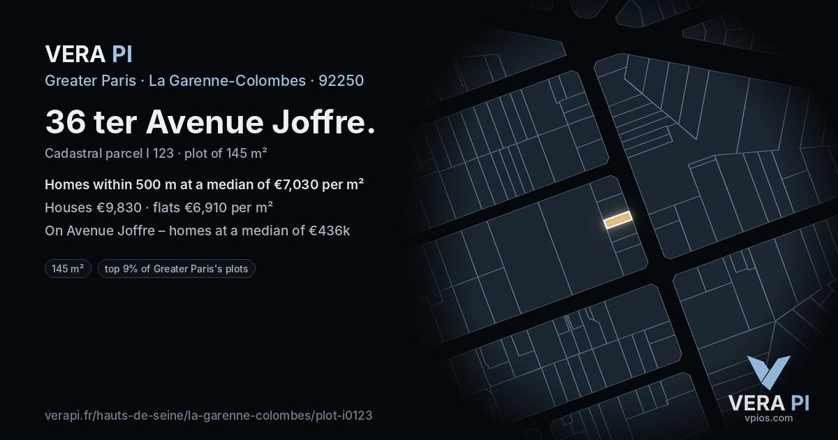 36 ter Avenue Joffre, La Garenne-Colombes at night – the plot lit, the parcels around coloured by the prices near them
