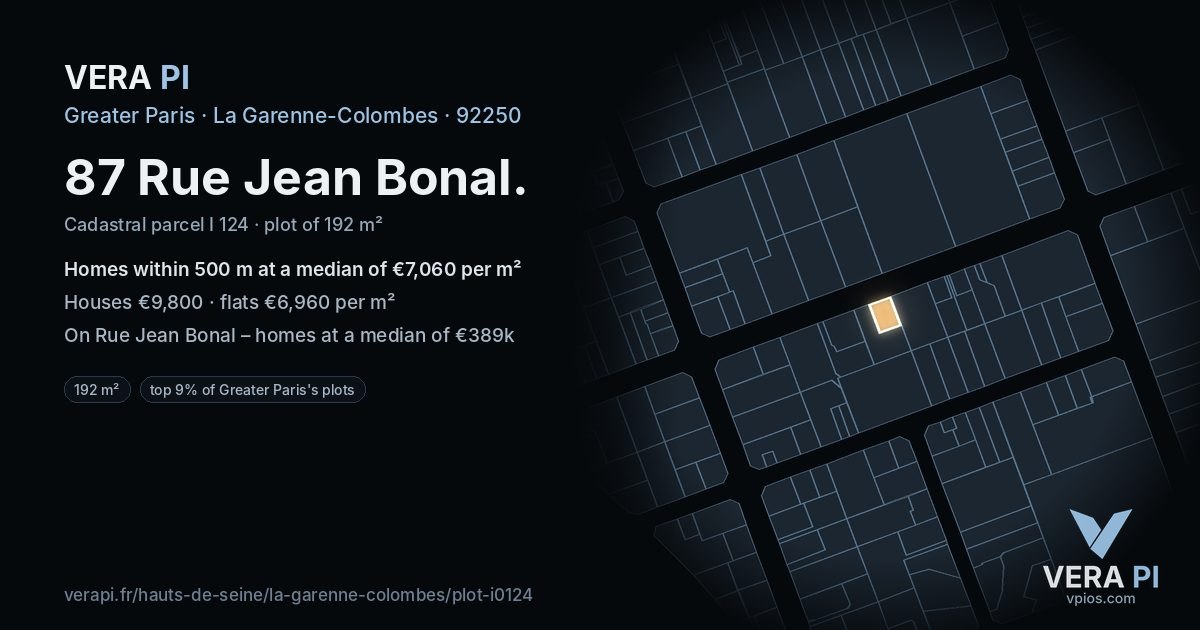 87 Rue Jean Bonal, La Garenne-Colombes at night – the plot lit, the parcels around coloured by the prices near them