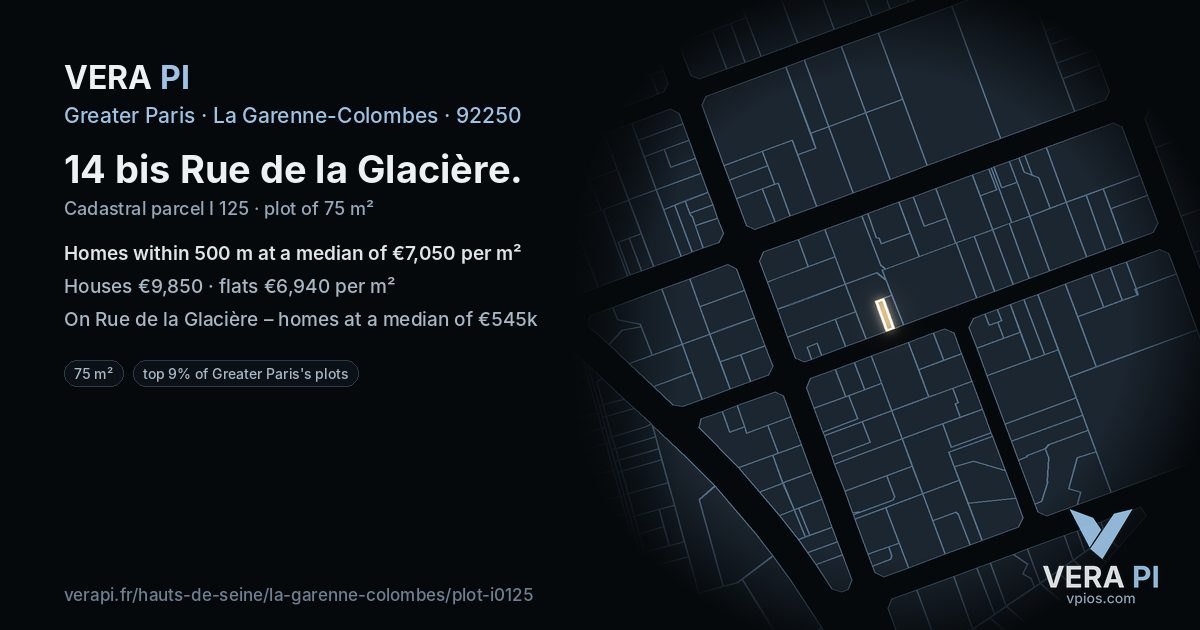 14 bis Rue de la Glacière, La Garenne-Colombes at night – the plot lit, the parcels around coloured by the prices near them