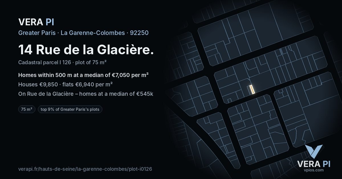 14 Rue de la Glacière, La Garenne-Colombes at night – the plot lit, the parcels around coloured by the prices near them