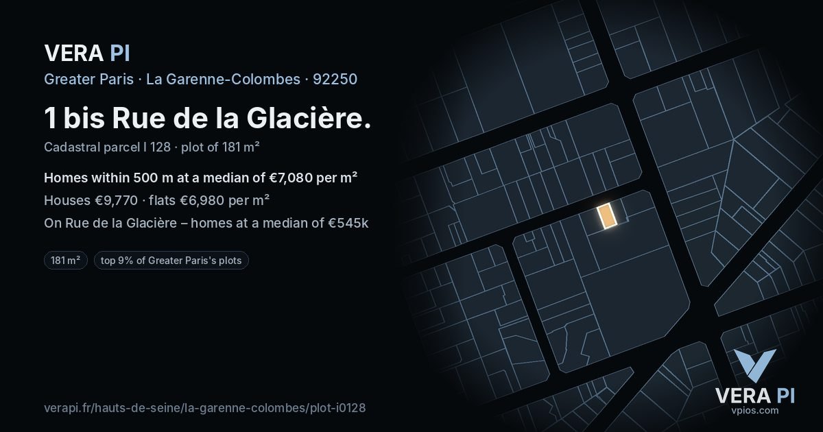 1 bis Rue de la Glacière, La Garenne-Colombes at night – the plot lit, the parcels around coloured by the prices near them