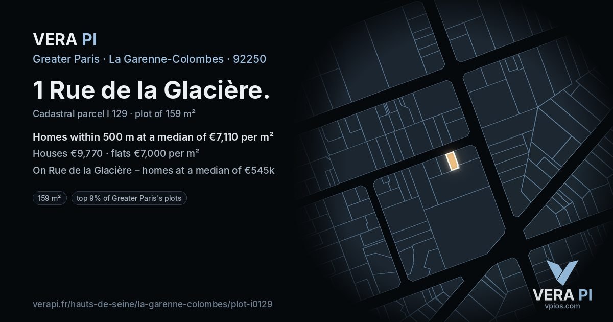 1 Rue de la Glacière, La Garenne-Colombes at night – the plot lit, the parcels around coloured by the prices near them