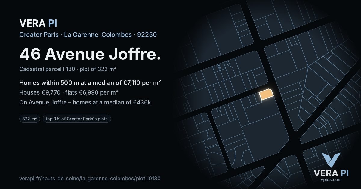 46 Avenue Joffre, La Garenne-Colombes at night – the plot lit, the parcels around coloured by the prices near them