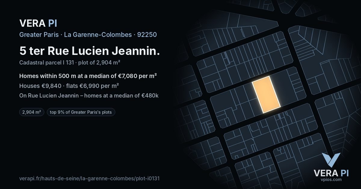 5 ter Rue Lucien Jeannin, La Garenne-Colombes at night – the plot lit, the parcels around coloured by the prices near them