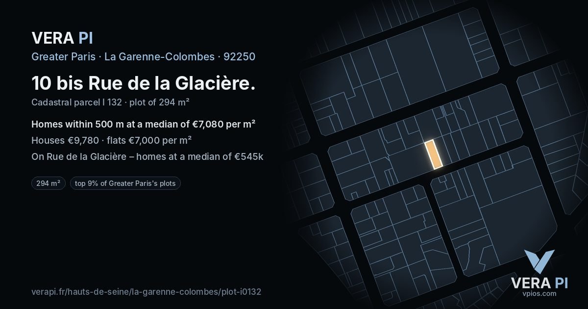10 bis Rue de la Glacière, La Garenne-Colombes at night – the plot lit, the parcels around coloured by the prices near them