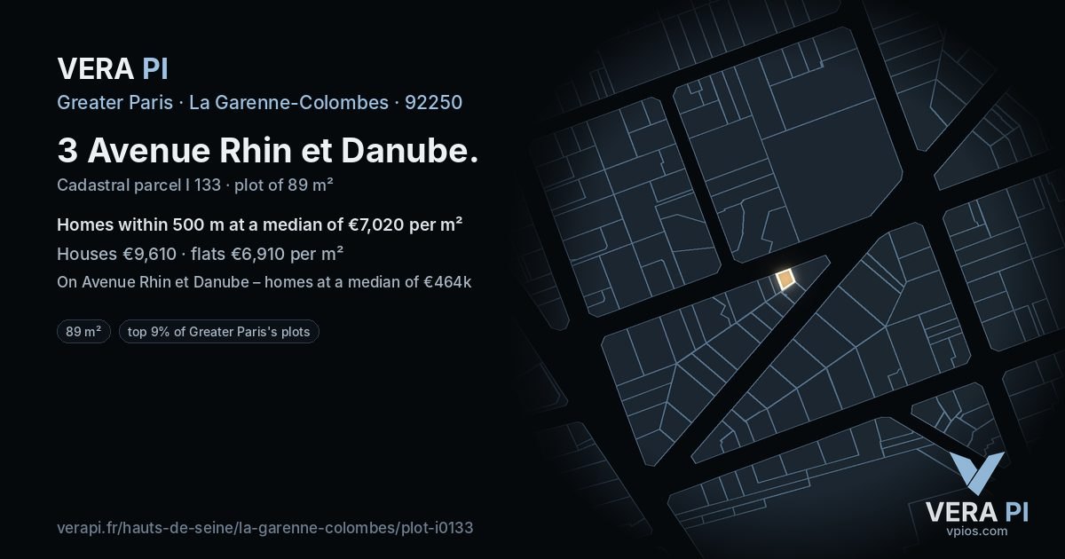 3 Avenue Rhin et Danube, La Garenne-Colombes at night – the plot lit, the parcels around coloured by the prices near them