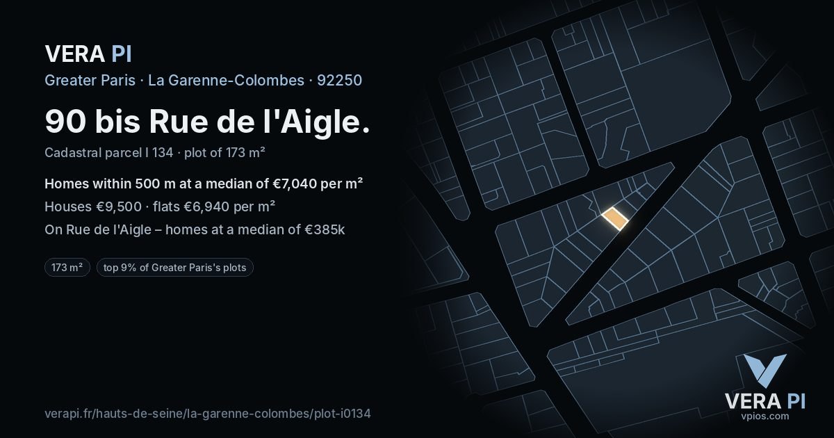 90 bis Rue de l'Aigle, La Garenne-Colombes at night – the plot lit, the parcels around coloured by the prices near them