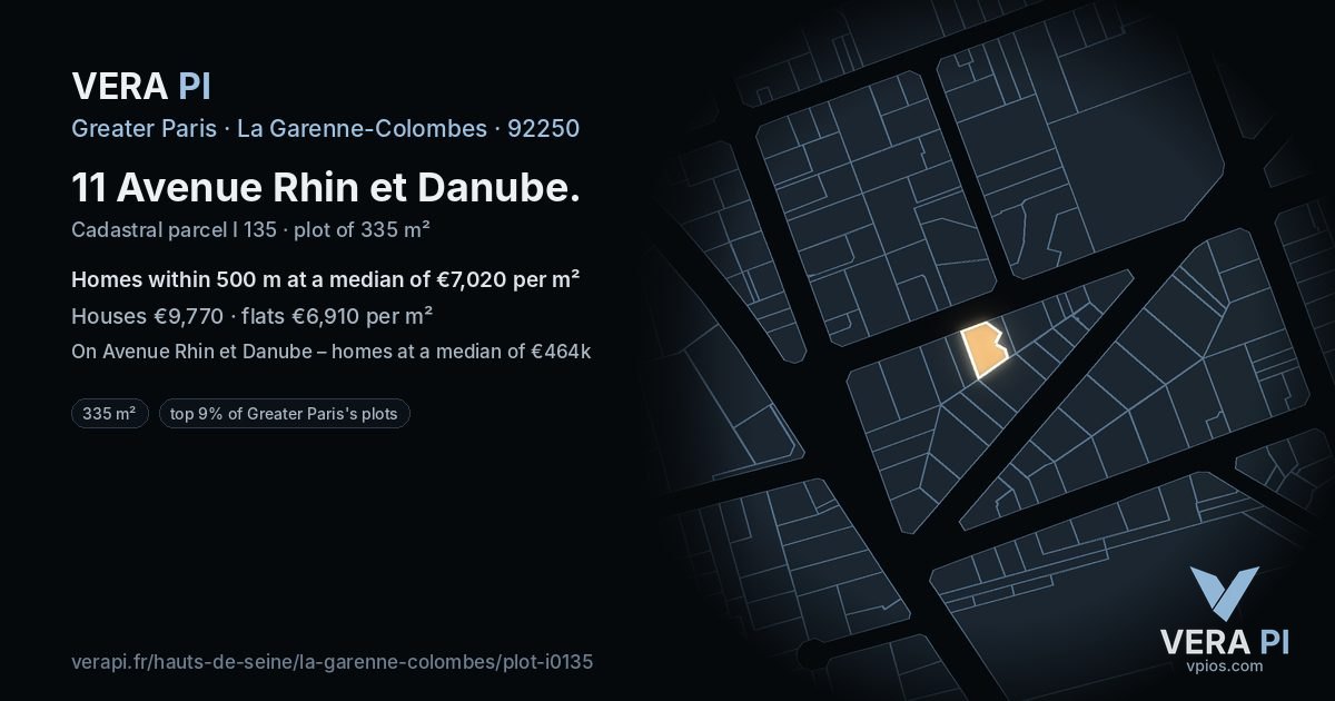 11 Avenue Rhin et Danube, La Garenne-Colombes at night – the plot lit, the parcels around coloured by the prices near them